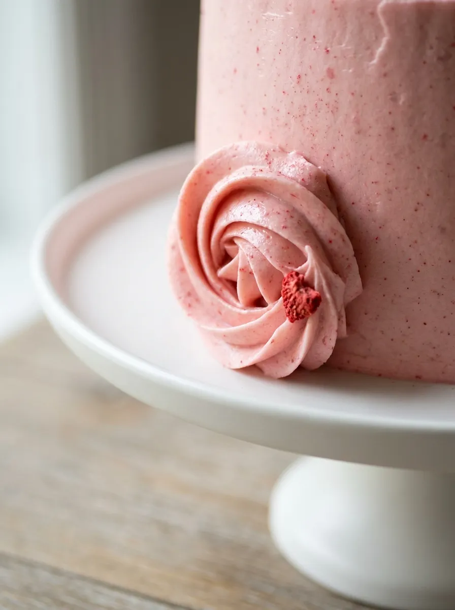 Close‑up of pink frosting swirl with strawberry fragment