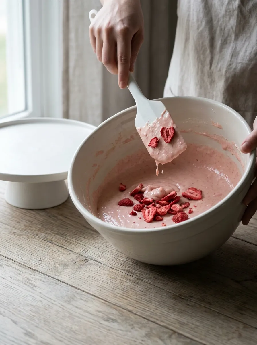 Hand folds freeze‑dried strawberries into strawberry cake with freeze dried strawberries batter