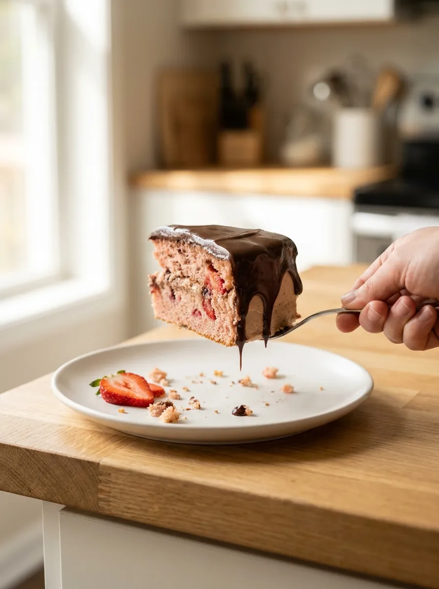Hand lifting a slice of strawberry cake with chocolate frosting