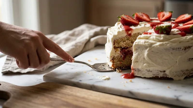 Hand lifts slice of strawberry cake how to decorate