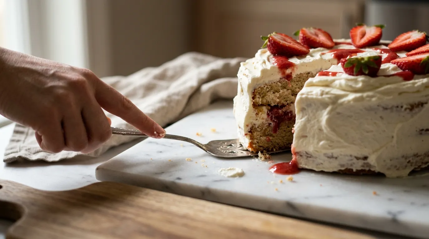 Hand lifts slice of strawberry cake how to decorate