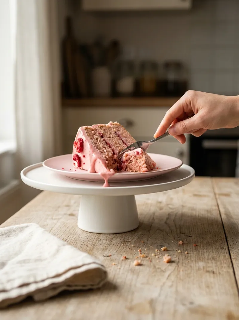 Hand lifts strawberry cake slice with freeze‑dried strawberries