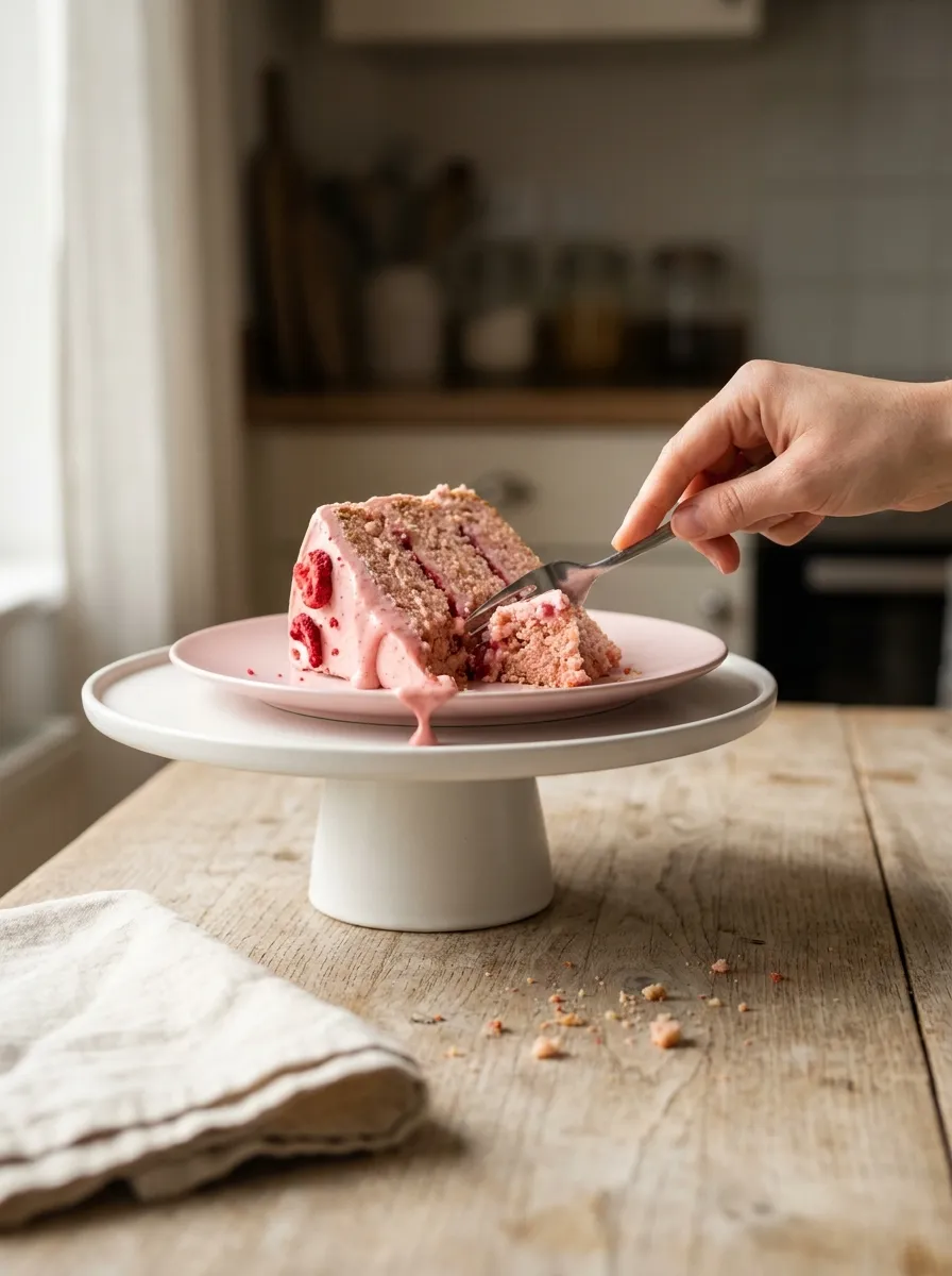 Hand lifts strawberry cake slice with freeze‑dried strawberries