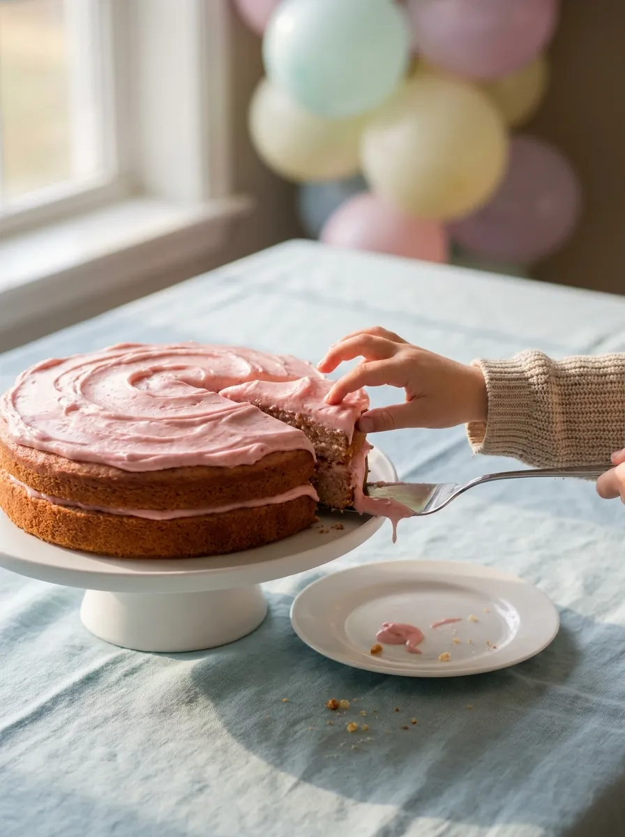 Hand reaches for pink frosted strawberry cake for kids