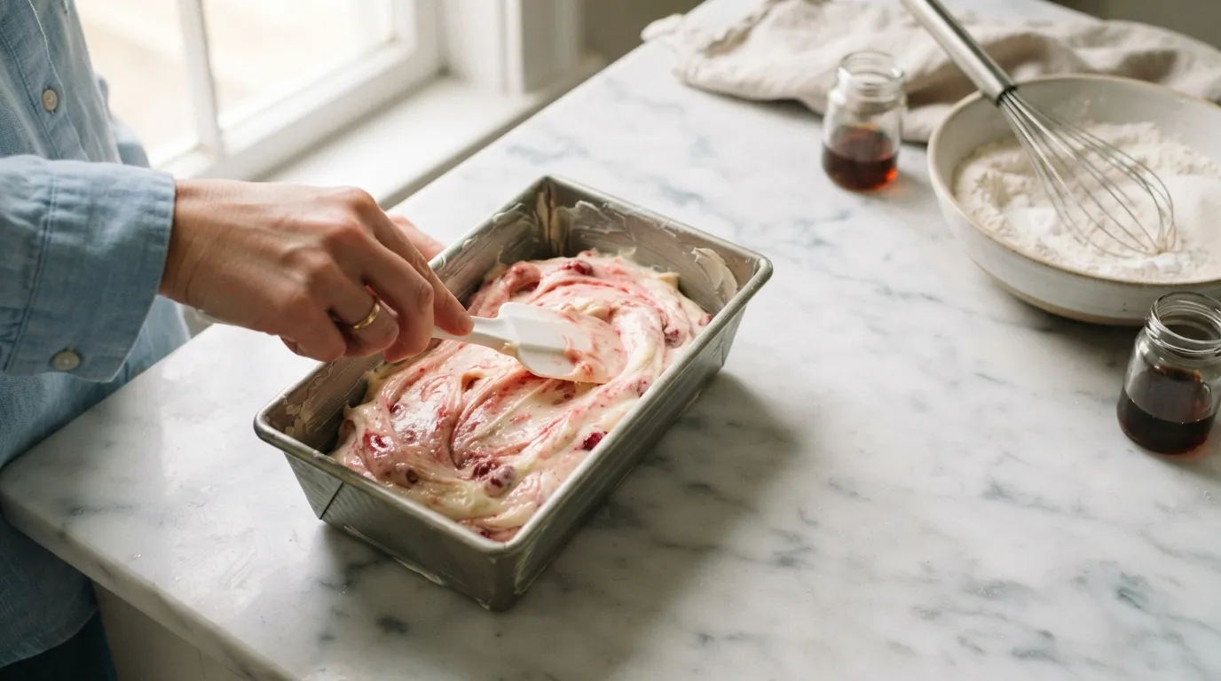 Hands spreading batter for strawberry cake with cream cheese frosting