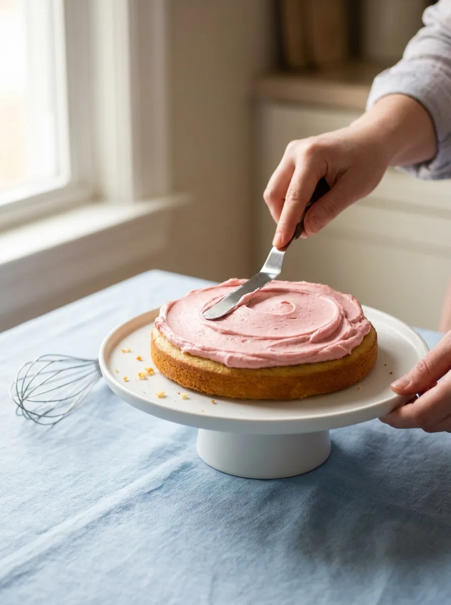 Hands spreading frosting on strawberry cake for kids