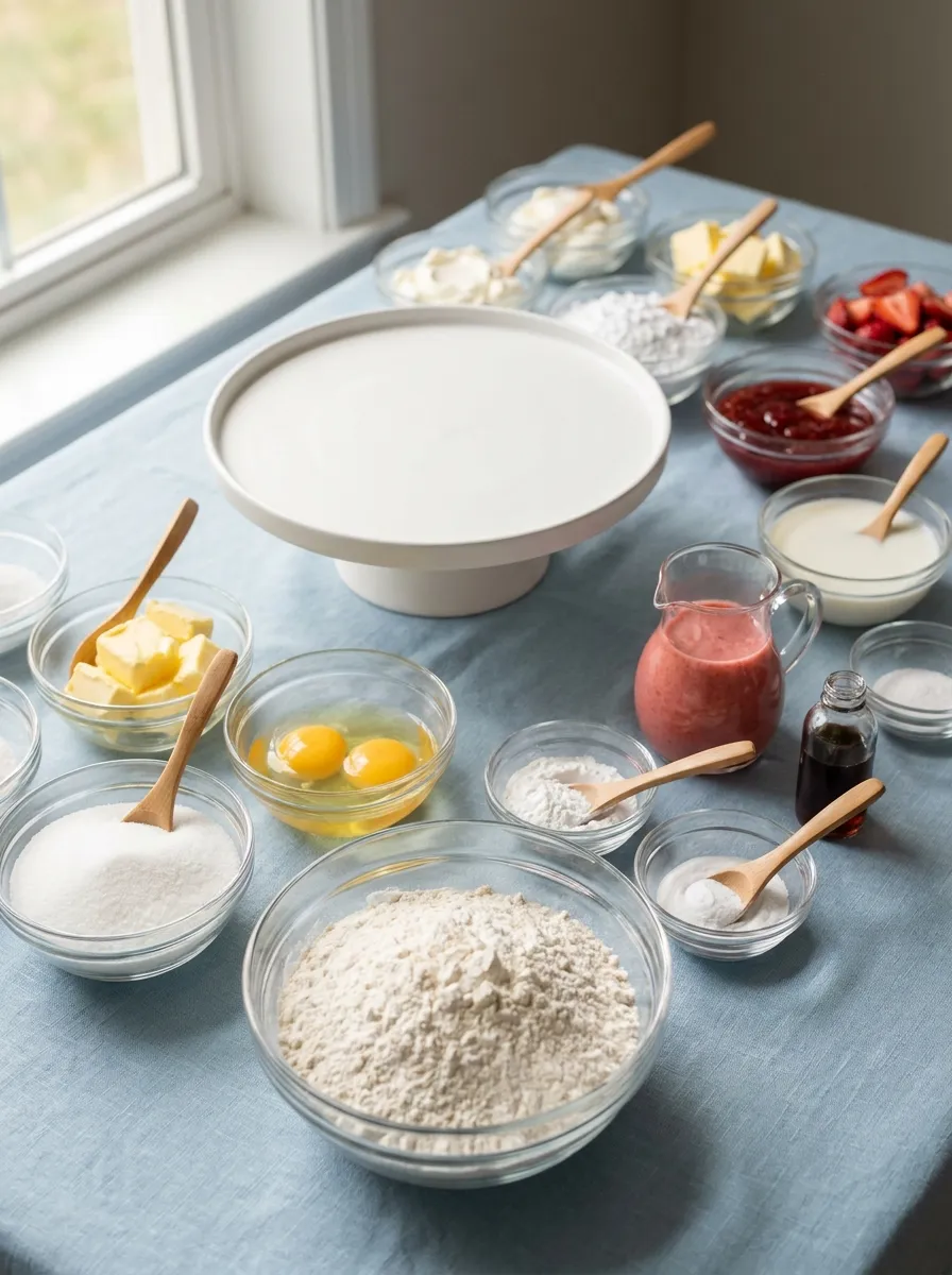 Ingredient layout for strawberry cake for kids recipe