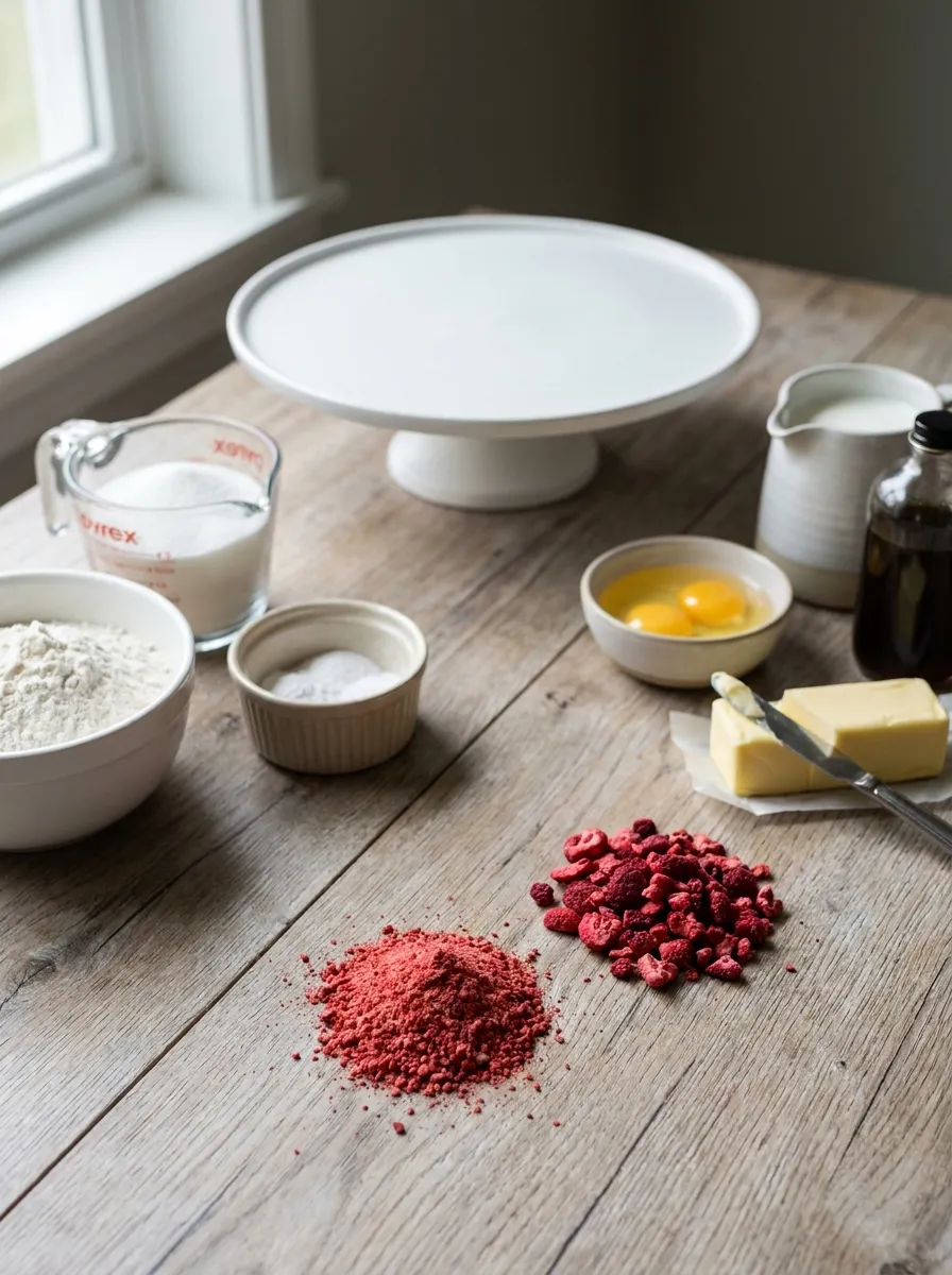 Lined up ingredients for strawberry cake on table