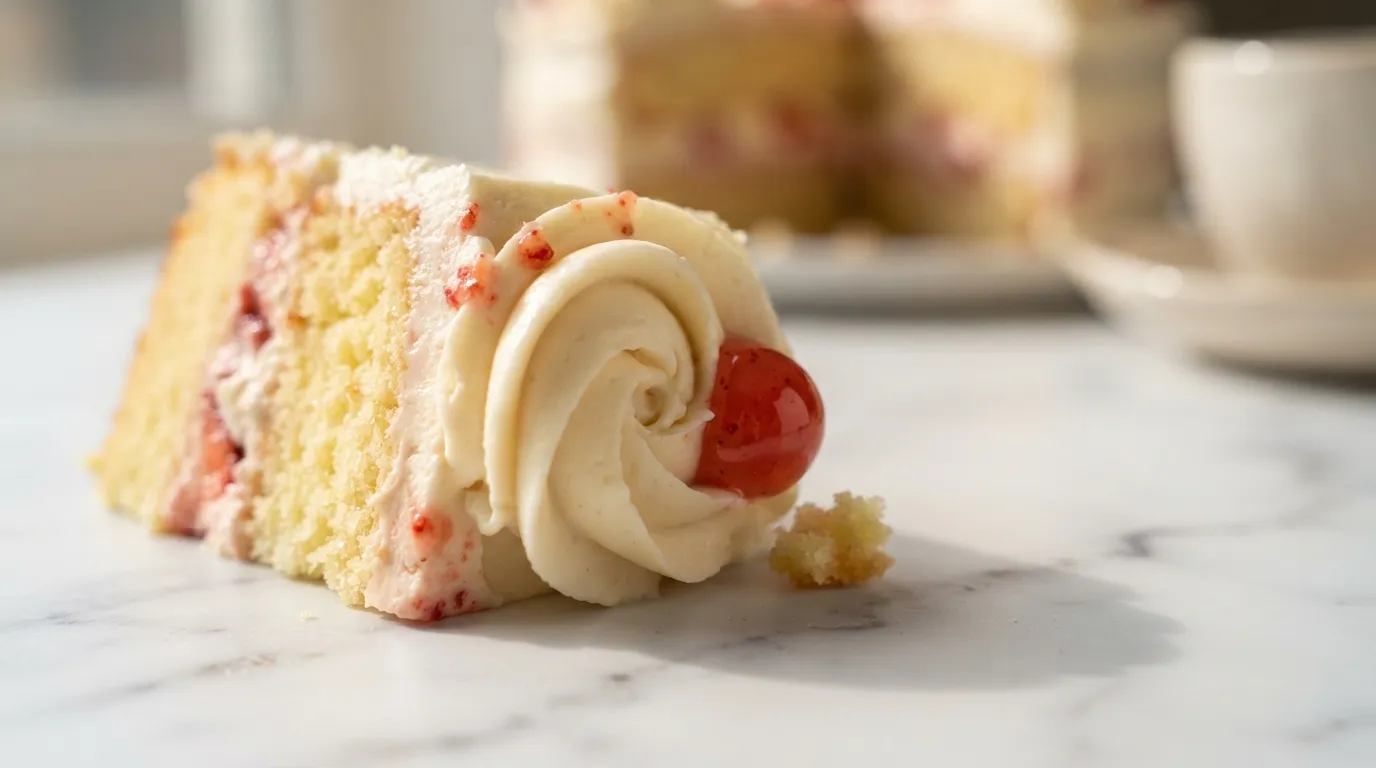 Macro detail of strawberry cake swirl of cream cheese frosting