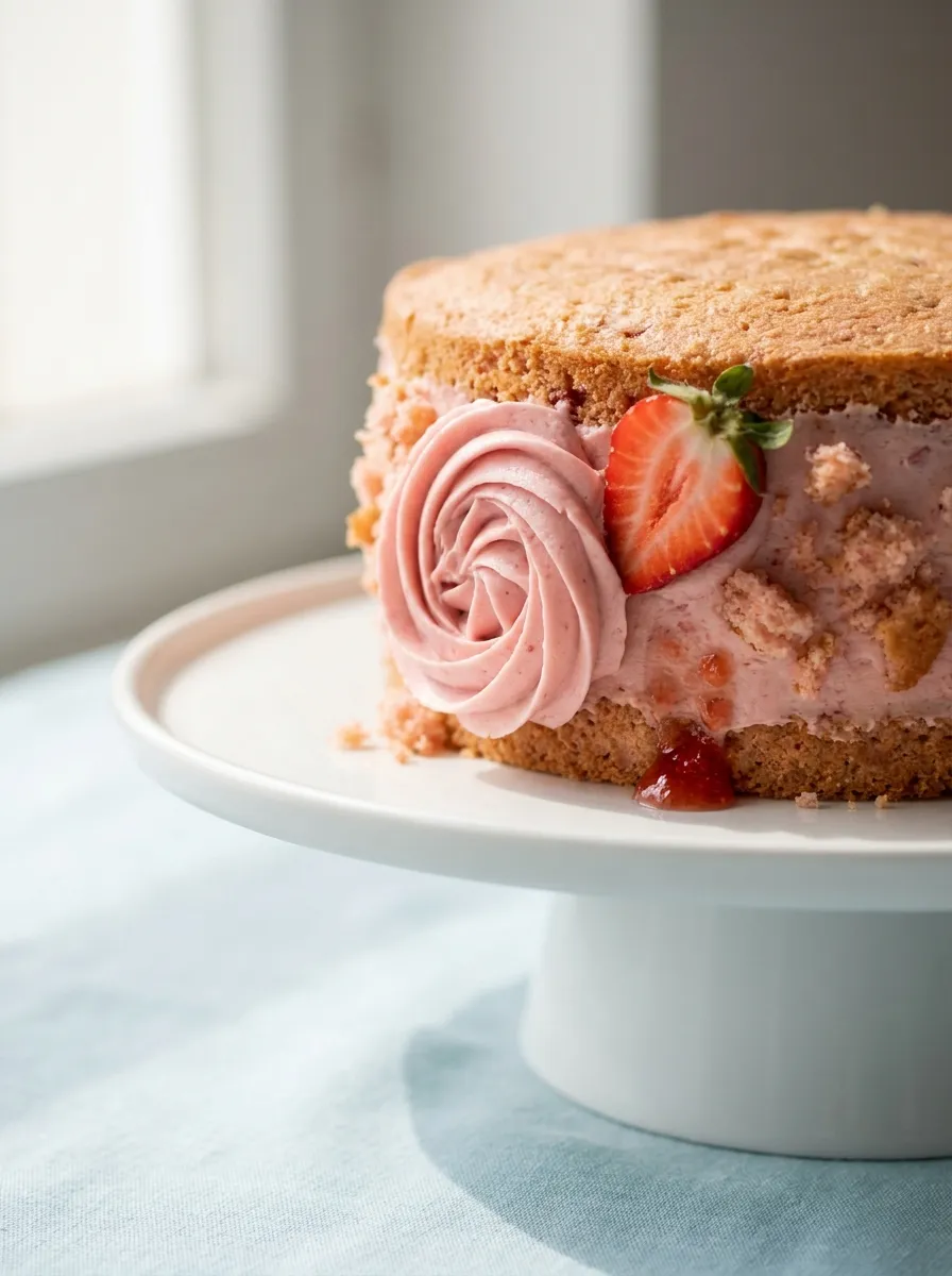 Macro of pink frosting swirl on strawberry cake for kids