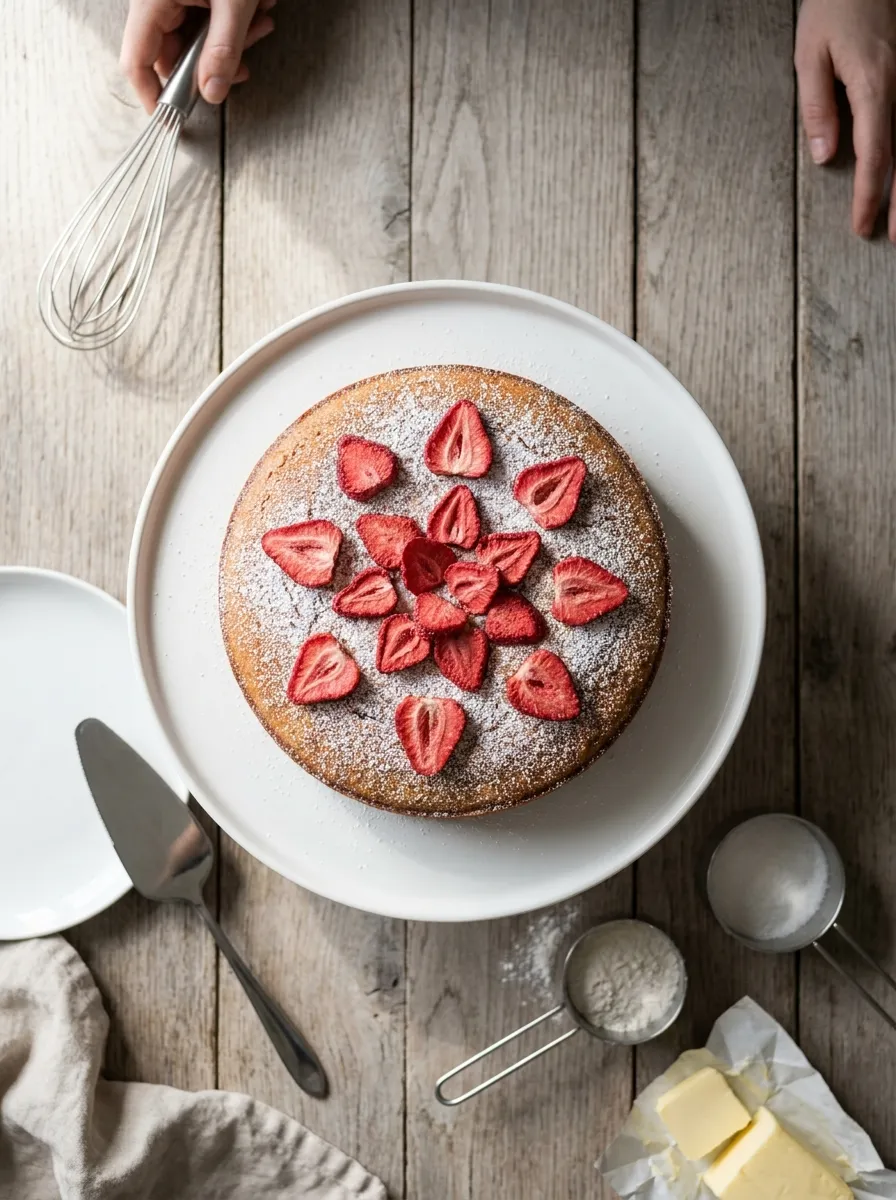 Overhead view of cake with ingredients and hands