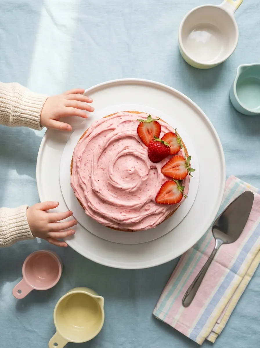 Overhead view of strawberry cake for kids with accessories
