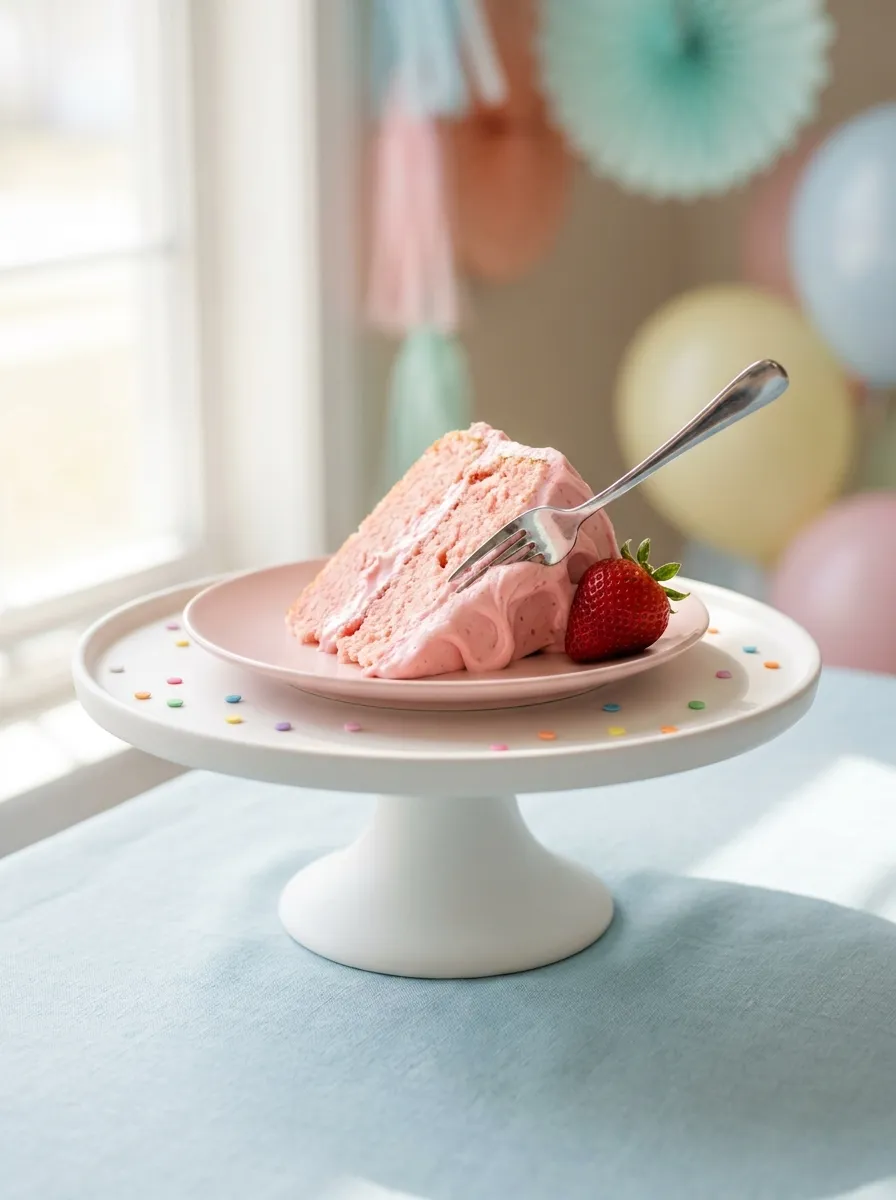Served slice of strawberry cake for kids with fork