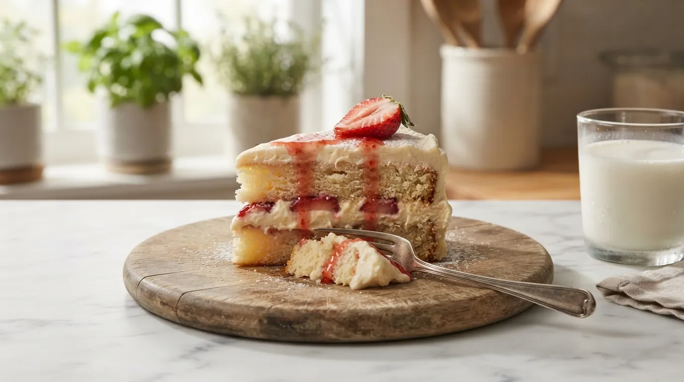 Served slice of strawberry cake with cream cheese frosting on plate