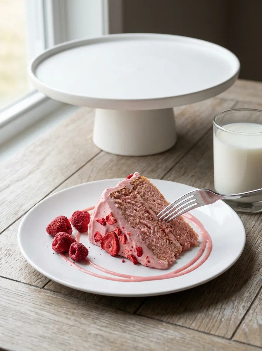 Served slice of strawberry cake with fork ready