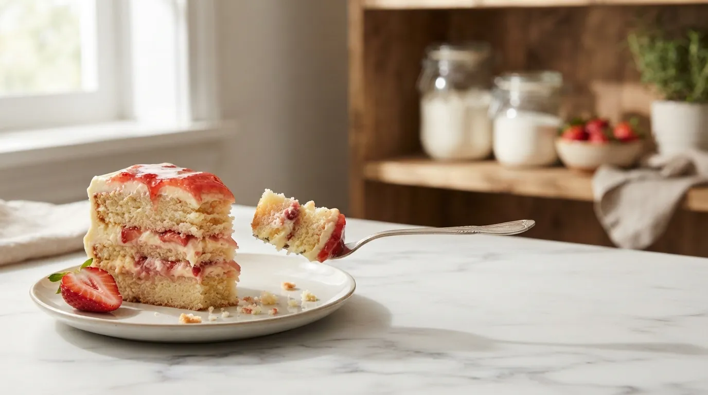 Slice of strawberry cake with cream cheese frosting topped with fresh berries