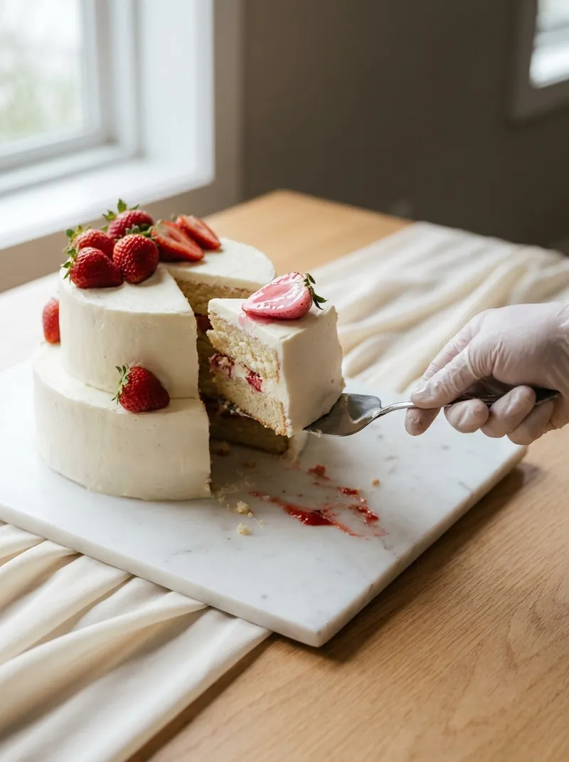 Strawberry cake for wedding slice lifted, hand on marble