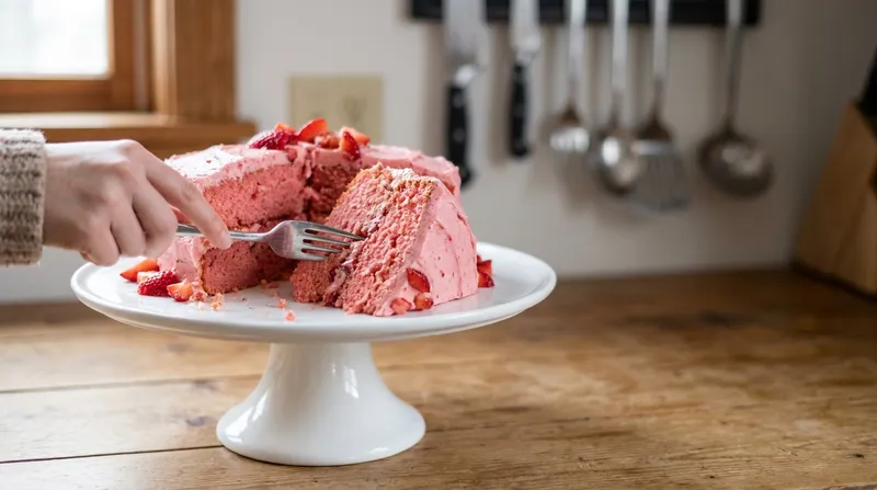 strowbary cake slice lifted, fork poised, crumbs scattering