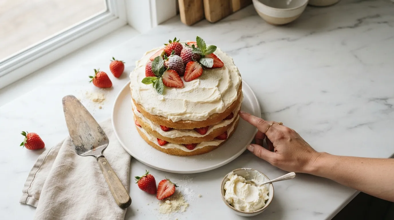 Top-down view of strawberry cake with cream cheese frosting and ingredients